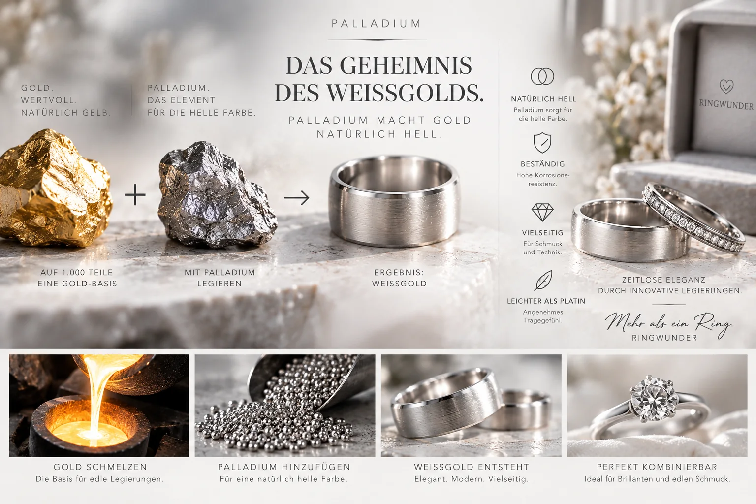 Palladium in Weißgold – Gold wird mit Palladium zu einer hellen Weißgoldlegierung